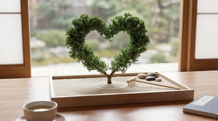 Heart Shaped Bonsai Tree in Zen Garden with Sand and Rake