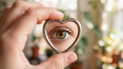 Human Eye Looking Through Silver Heart Shape Held by Hand Close Up