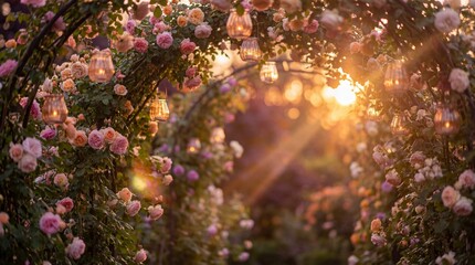 Rose Garden Arch with Hanging Lanterns at Golden Hour