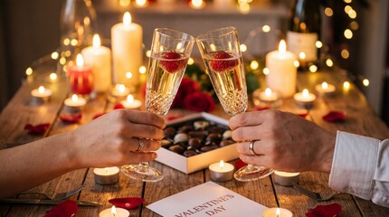 Valentine's Day Couple Toasting Champagne at Romantic Candlelight Dinner