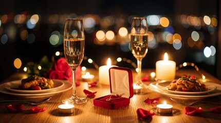 Romantic Dinner Table With Champagne And Open Jewelry Box By Candlelight