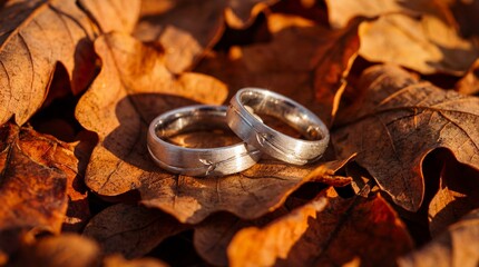 Pair of Silver Wedding Rings on Dry Autumn Oak Leaves Macro