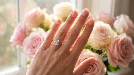 Woman Hand Wearing Diamond Engagement Ring in front of Pink Roses