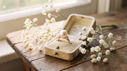 Gold Pearl Engagement Ring in Velvet Box with Flowers on Rustic Wood