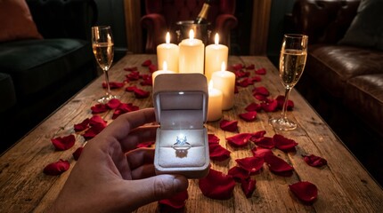 Hand Holding Diamond Engagement Ring Box In Romantic Candlelight Setting