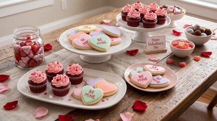 Happy Valentines Day Sign With Be Mine Cookies And Red Velvet Cupcakes
