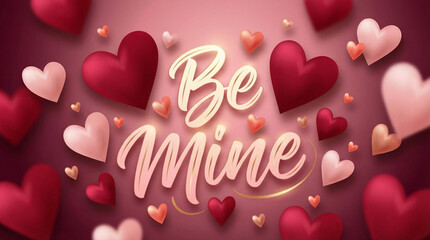 A romantic Valentine's Day greeting with floating heart shapes and Be Mine text. Expressing affection with a soft gradient backdrop and heart-shaped designs