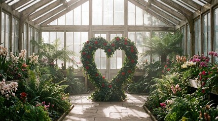 Heart Shaped Topiary with Red Roses in Sunny Rustic Greenhouse