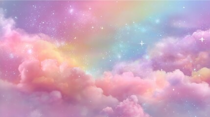 Naklejka premium Dreamy pastel sky with colorful clouds and stars in a serene atmosphere.