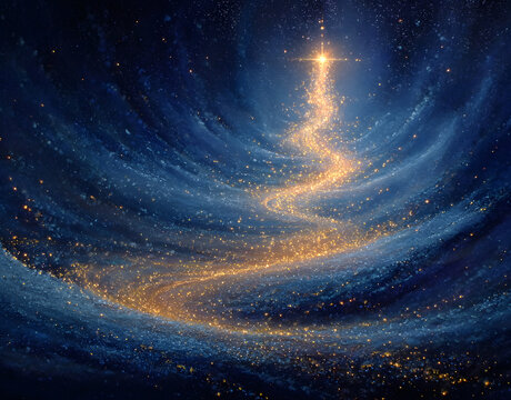 Niebieskie, brokatowe tło ze choinką w formie spirali ze złotych cząstek ze świecącą gwiazdą na czubku