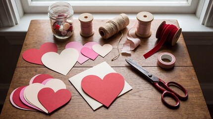 Handmade Paper Hearts and Craft Supplies on Wooden Table for Valentines Day