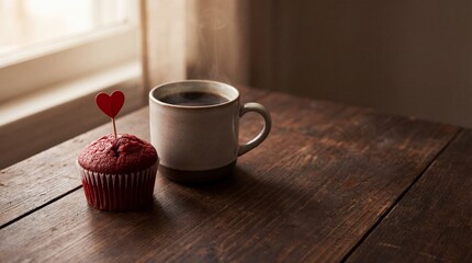 Red Velvet Muffin with Heart Topper and Steaming Coffee on Wooden Table