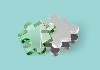 3D metal and transparent glass puzzle piece. Perspective render jigsaw, join parts and solve problems. Concept for team collaboration and logic game. Connect matching details to combine complex shapes