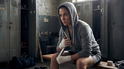 Female boxer sitting in locker room preparing for fight. Woman fighter wrapping hands. Athlete in hood focused before training. Determination concept. Sports mental preparation. Gym.