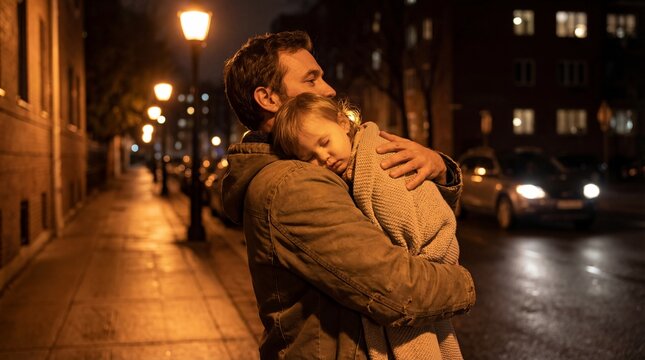 Father carrying sleeping daughter in arms on city street night. Dad holding tired child with care. Family parenthood concept. Man walking outdoor. Bonding love. Daddy hugging kid.