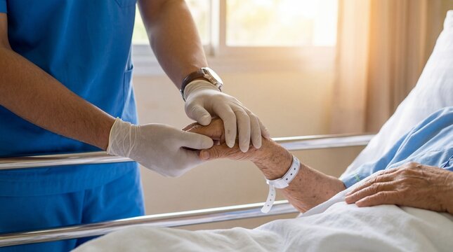 Doctor holding hand of senior patient in hospital. Medical healthcare care. Comfort support. Nurse helping elderly. Empathy trust recovery. Physician treatment clinic compassion hope.