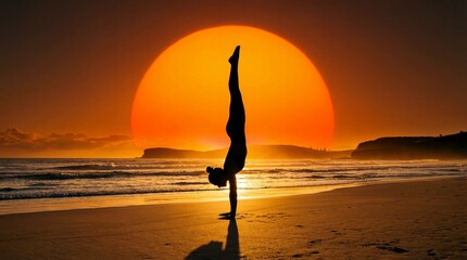 Yoga handstand silhouette at golden sunset beach. Wellness fitness exercise balance meditation mindfulness concept. Ocean waves peaceful seascape. Healthy lifestyle active workout training.