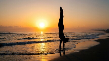 Silhouette handstand yoga pose on beach at golden sunset. Fitness wellness lifestyle. Ocean waves meditation. Balance strength flexibility. Mindfulness practice. Healthy living concept