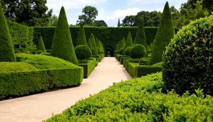 Elegant Formal Garden with Neatly Trimmed Topiary Bushes, Conical Evergreen Trees, and a Pathway