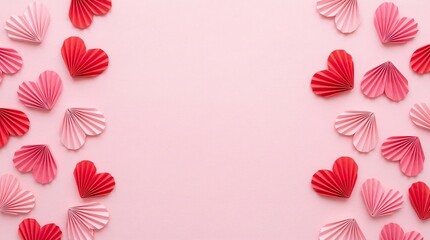 Pink And Red Paper Hearts Border On Pink Background With Copy Space Flat Lay