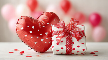 Gift Box with Red Ribbon and Heart Shaped Balloon, Valentine&rsquo;s Day Banner Background, Love and Celebration Concept.
