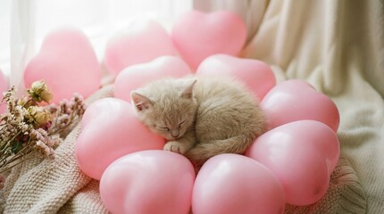 Cute Kitten Sleeping on Pink Heart Balloons Valentines Day Concept