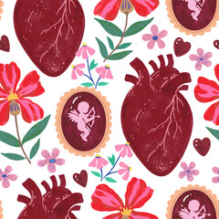Seamless pattern with valentine elements in gothic victorian style. Hand-drawn textured vector illustration