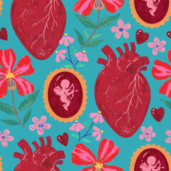 Seamless pattern with valentine elements in gothic victorian style. Hand-drawn textured vector illustration
