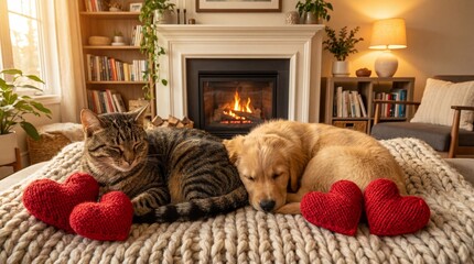 Tabby Cat and Golden Retriever Puppy Sleeping with Red Hearts by Fireplace