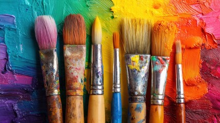 Obraz premium Variety of paintbrushes on vibrant rainbow paint palette.