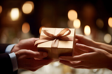 Gift exchange between two people in bright room