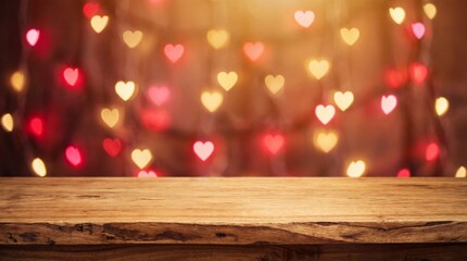 Empty Wooden Table with Heart Bokeh Lights Background
