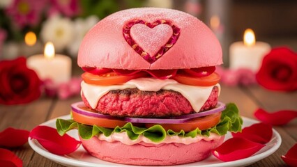 Pink burger with heart shape decoration for Valentine theme