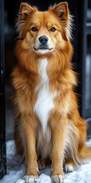Alert Dog Sitting on Snowy Outdoor Steps
