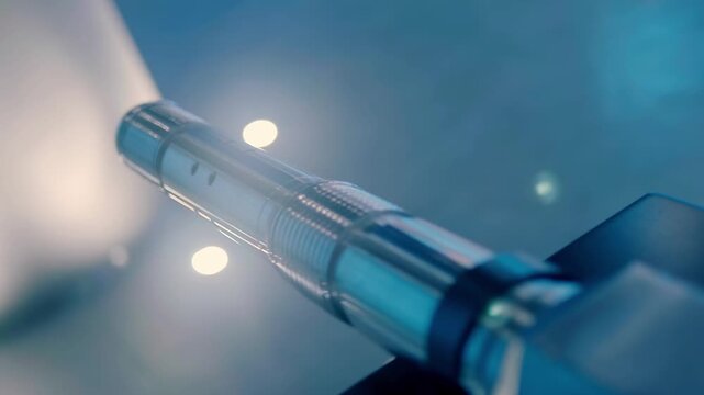 The complex structure of the nuclear reactor fuel assembly, which provides heating of the primary circuit water from the fuel elements in the nuclear power plant. Closeup. Shot in motion