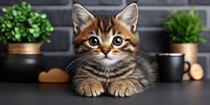 Cute Tabby Kitten Resting on Kitchen Counter