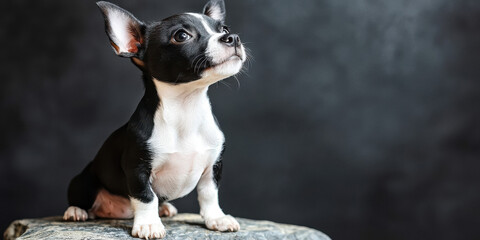 Cute Puppy Sitting on Rock in Studio Light
