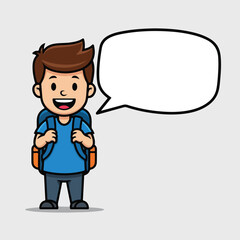 Happy young boy with backpack and speech bubble ready for adventure.