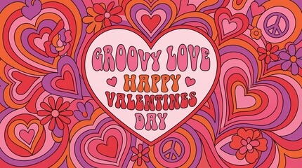 Naklejka premium Groovy Love Happy Valentines Day Text on Retro 70s Psychedelic Background