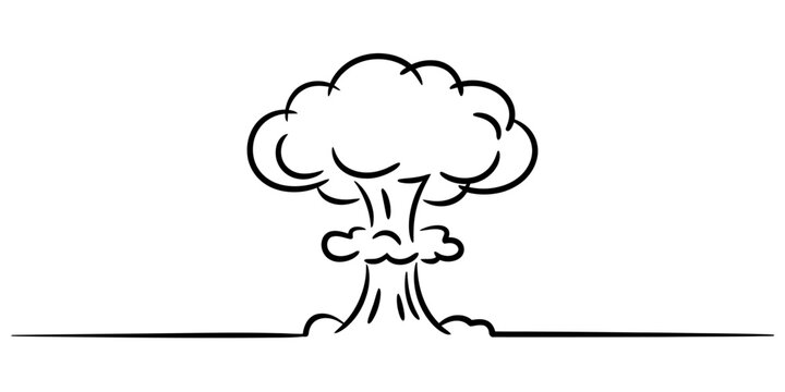 A cartoon illustration of a mushroom cloud explosion in black and white