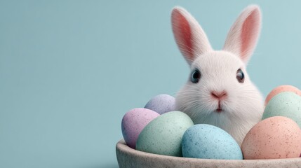 Cute white bunny with pastel Easter eggs in ceramic bowl on blue background, spring holiday concept.