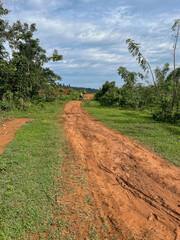 A rutted and muddy red dirt path leading through a green landscape under a cloudy sky in rural Rwanda.