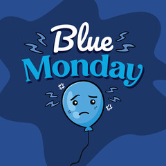 Vector graphic of Blue Monday featuring a depressed blue balloon on dark blue background, ideal for psychology and social media.