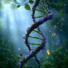 Obraz premium Twisting Dna Strand Encompassed by Blossoms in a Serene and Dreamy Forest