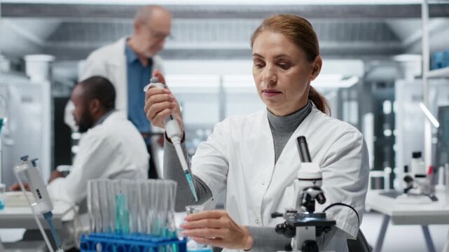 Medical professional in lab pipetting blue liquid into test tube to analyze it. Molecular biologist transferring chemical sample to prepare for immediate spectroscopic analysis