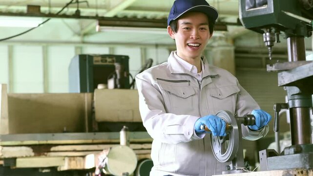 ハンドドリルで部品を加工する男性
