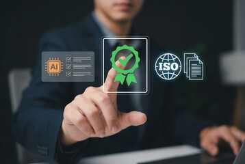 Quality control manager verifying ISO standards and AI-driven smart certifications to ensure organizational credibility and optimize internal processes.