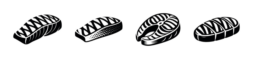 Fish vector icons set: seafood, sushi, slices symbols