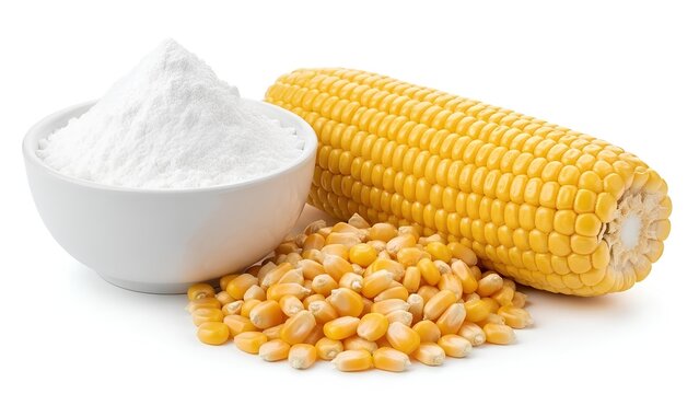 Corn Kernels and Cornmeal with Whole Ear on White Background