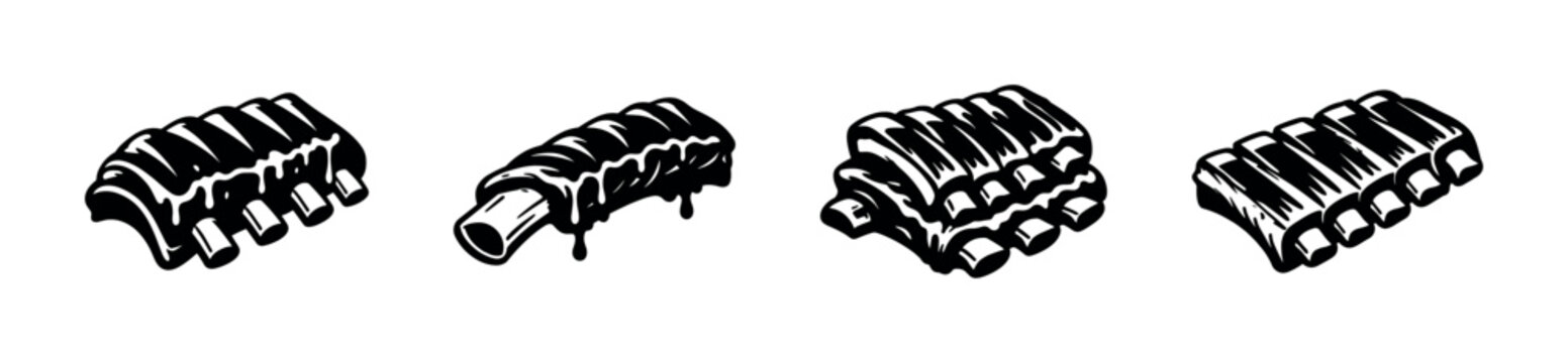 Bbq ribs vector icons set. grilled, meat, barbecue symbols